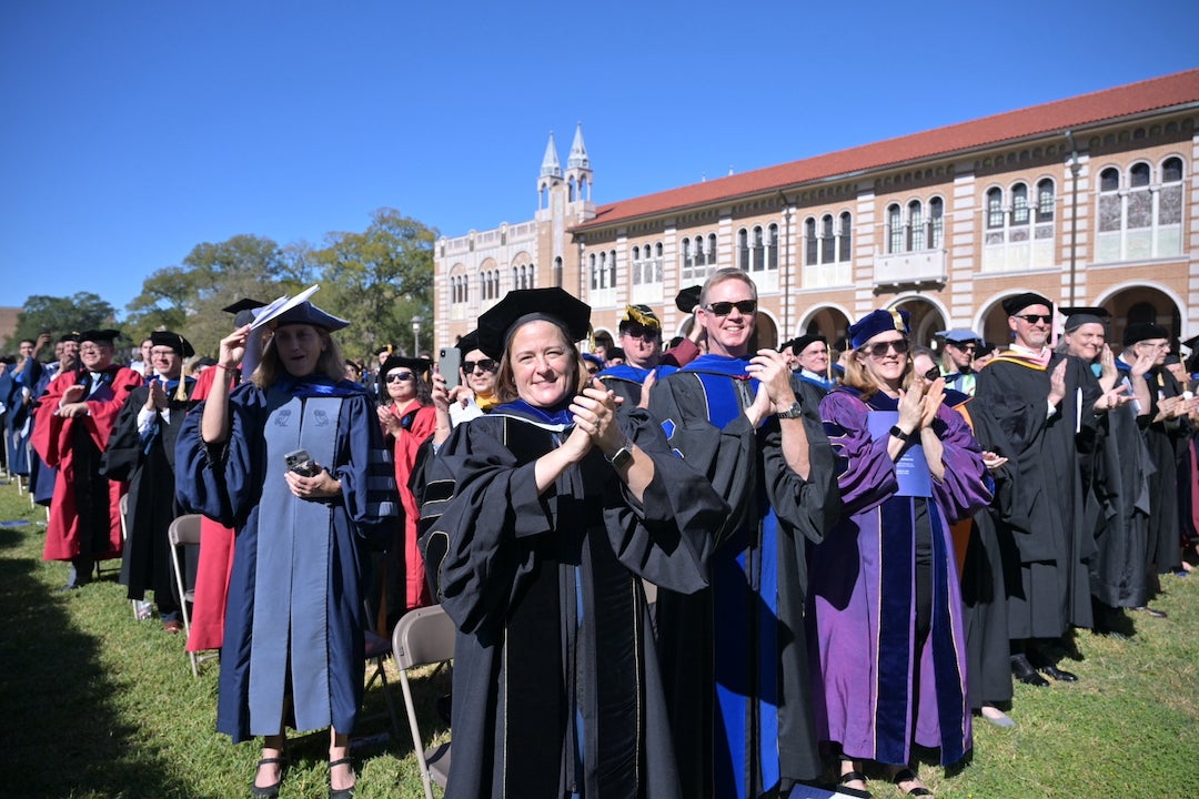 Rice faculty and administration give standing ovation to newly inaugurated President DesRoches.