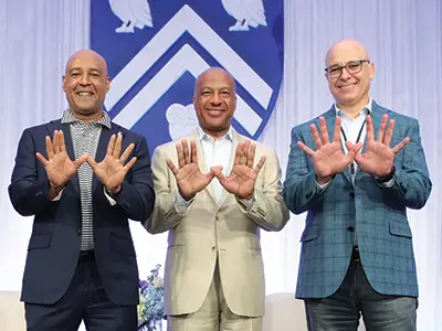 President DesRoches, UC Davis Chancellor Gary May and Rice’s George R. Brown School of Engineering and Computing Dean Luay Nakhleh celebrate the school’s 50th anniversary. 